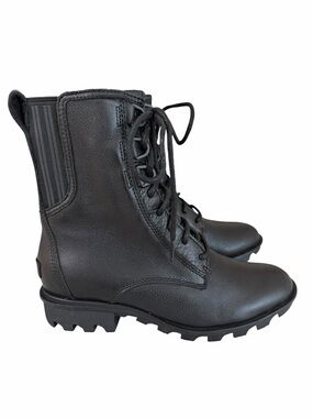SOREL Phoenix Combat Lace-Up Boots Black Size 8.5 Waterproof Leather Mid-Calf